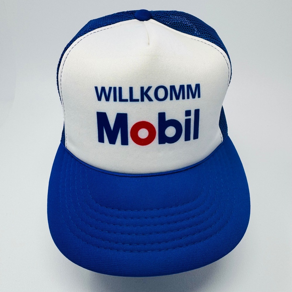 Vintage Mobil Willkomm Trucker Hat Blue White Mesh Snapback Made in Korea